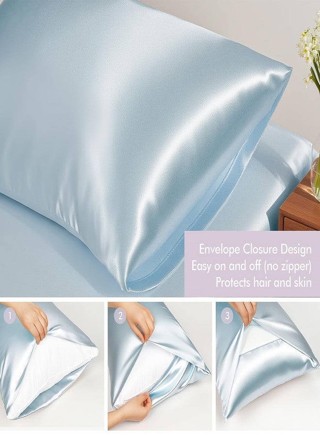 KISMETICS - Vegan Silk Sleep Set, Vegan Silk Pillowcase with Large Scrunchie and Eye Mask for Hair and Skin, Self Care Essential Satin Night Routine Kit (Light Blue Color) - Image 3